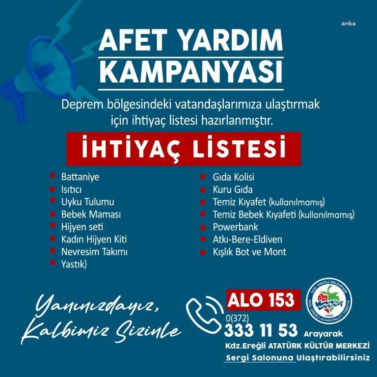 KARADENİZ EREĞLİ BELEDİYESİ DEPREM BÖLGESİ İÇİN YARDIM KAMPANYASI BAŞLATTI