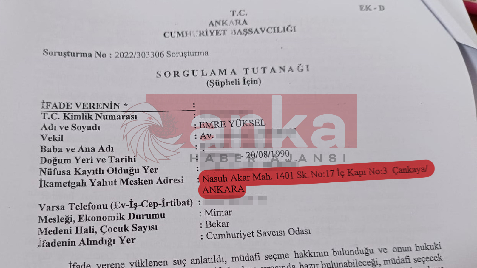 Sorgulama aşamasındaki Emre Yüksel'in ikametgah adresi